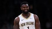 Jan 12, 2025; Boston, Massachusetts, USA; New Orleans Pelicans forward Zion Williamson (1) reacts during the second half against the Boston Celtics at TD Garden. Mandatory Credit: Paul Rutherford-Imagn Images