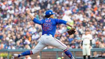 Jul 27, 2025; San Francisco, California, USA; New York Mets pitcher Gregory Soto (65) throws a pitch during the seventh inning against the San Francisco Giants at Oracle Park. Mandatory Credit: Bob Kupbens-Imagn Images