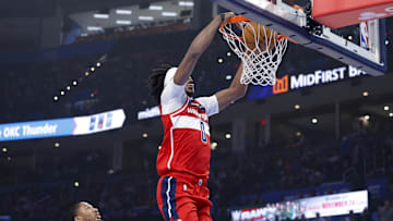 Oct 30, 2025; Oklahoma City, Oklahoma, USA; Washington Wizards guard Bilal Coulibaly (0) dunks against the Oklahoma City Thunder during the first quarter at Paycom Center. Mandatory Credit: Alonzo Adams-Imagn Images