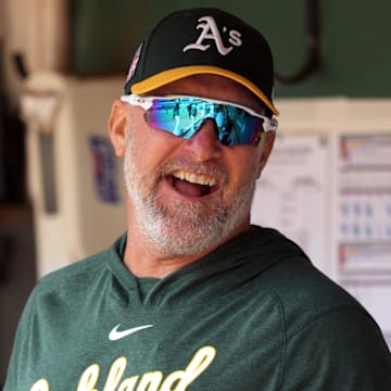 Jul 21, 2024; Oakland, California, USA; Oakland Athletics manager Mark Kotsay (7) before the game against the Los Angeles Angels at Oakland-Alameda County Coliseum. Mandatory Credit: Darren Yamashita-Imagn Images