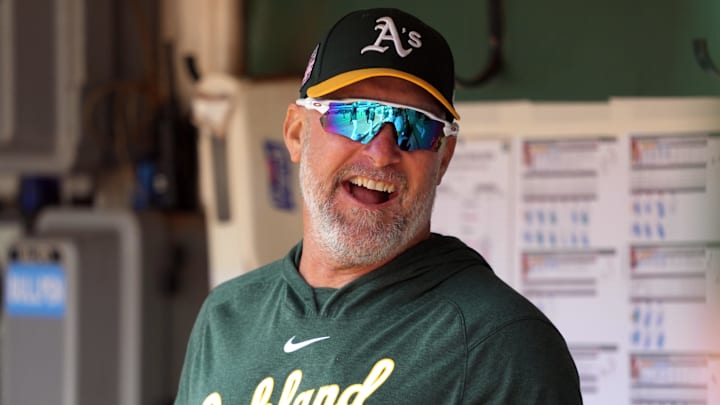 Jul 21, 2024; Oakland, California, USA; Oakland Athletics manager Mark Kotsay (7) before the game against the Los Angeles Angels at Oakland-Alameda County Coliseum. Mandatory Credit: Darren Yamashita-Imagn Images