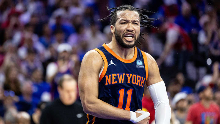 Apr 28, 2024; Philadelphia, Pennsylvania, USA; New York Knicks guard Jalen Brunson (11) reacts after scoring against the Philadelphia 76ers during the fourth quarter of game four of the first round in the 2024 NBA playoffs at Wells Fargo Center. Mandatory Credit: Bill Streicher-USA TODAY Sports