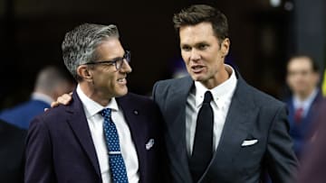 Fox Sports announcers Kevin Burkhardt and Tom Brady before Super Bowl with the Philadelphia Eagles and the Kansas City Chiefs