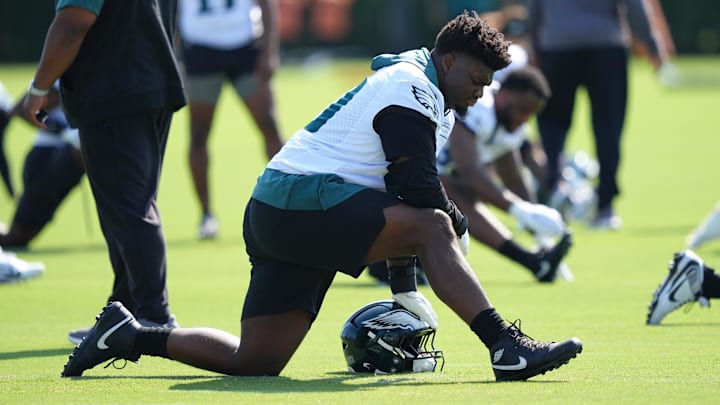 Jul 24, 2025; Philadelphia, PA, USA; Philadelphia Eagles defensive tackle Jordan Davis (90) warms up during training camp at NovaCare Complex. Mandatory Credit: Kyle Ross-Imagn Images