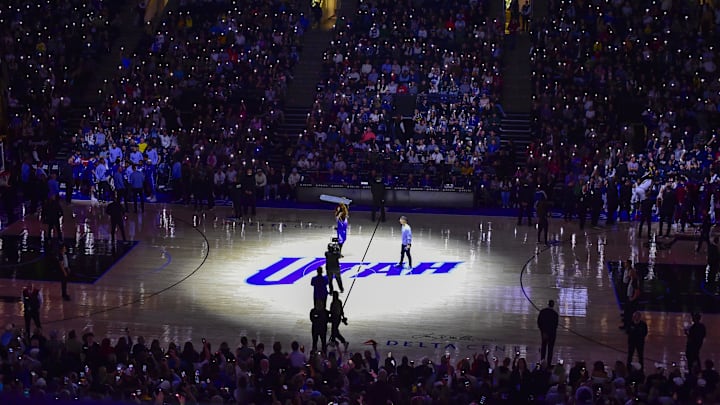 Nov 27, 2024; Salt Lake City, Utah, USA; General view of the court during a timeout in the game between the Utah Jazz and the Denver Nuggets during the second half at the Delta Center. Mandatory Credit: Christopher Creveling-Imagn Images