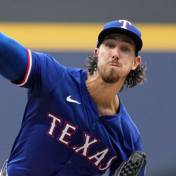 Texas Rangers pitcher Michael Lorenzen (23) throws during the first inning of their game against the Milwaukee Brewers Monday, June 24, 2024 at American Family Field in Milwaukee, Wisconsin.