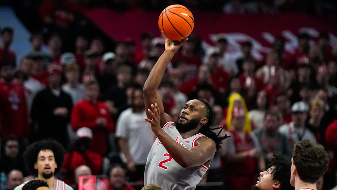 Ohio State Buckeyes guard Bruce Thornton (2) shoots the ball against the Wisconsin Badgers in the second half of the NCAA game at Value City Arena on Tuesday, Feb. 17, 2026 in Columbus, Ohio. Ohio State Buckeyes guard Bruce Thornton (2) shoots the ball against the Wisconsin Badgers in the second half of the NCAA game at Value City Arena on Tuesday, Feb. 17, 2026 in Columbus, Ohio.