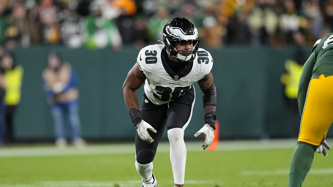 Nov 10, 2025; Green Bay, Wisconsin, USA;  Philadelphia Eagles linebacker Jihaad Campbell (30) during the game against the Green Bay Packers at Lambeau Field. Mandatory Credit: Jeff Hanisch-Imagn Images