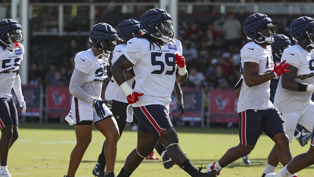 Jul 29, 2024; Houston, TX, USA; Houston Texans defensive tackle Marcus Harris (59) during training camp at Houston Methodist Training Center. Mandatory Credit: Troy Taormina-Imagn Images