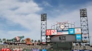 Oct 16, 2014; San Francisco, CA, USA; NLCS logo on the video board during St. Louis Cardinals batting practice before game five of the 2014 NLCS playoff at AT&T Park. Mandatory Credit: Kelley L Cox-Imagn Images