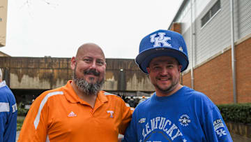 Lonnie Arden (left) and Craig Phillips (right) pose for a picture before the Tennessee vs. Kentucky NCAA men's basketball game at Thompson-Boling Arena at the Food City Center in Knoxville, on Saturday, March 9, 2024. Arden and Phillips have been friends for 20 years and try to go to every Tennessee vs. Kentucky event together.
