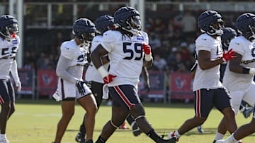 Jul 29, 2024; Houston, TX, USA; Houston Texans defensive tackle Marcus Harris (59) during training camp at Houston Methodist Training Center. Mandatory Credit: Troy Taormina-Imagn Images