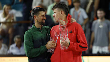 Novak Djokovic hugs Jakub Mensik - Miami Open