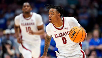 Alabama guard Labaron Philon (0) runs the ball up the court against Kentucky during the second half of a Southeastern Conference tournament quarterfinal game at Bridgestone Arena in Nashville, Tenn., Friday, March 14, 2025.