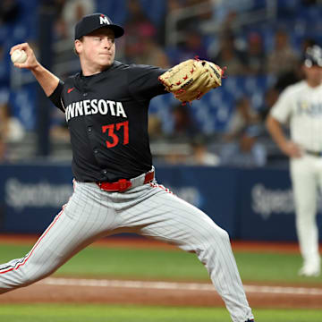 Minnesota Twins pitcher Louie Varland (37) throws a pitch against the Tampa Bay Rays during the second inning at Tropicana Field in St. Petersburg, Fla., on Sept. 4, 2024.