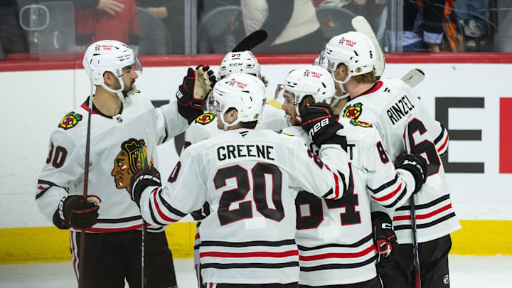 Apr 15, 2025; Ottawa, Ontario, CAN; The Chicago Blackhawks celebrate a goal scored by center Frank Nazar (91) in overtime against the Ottawa Senators at the Canadian Tire Centre. Mandatory Credit: Marc DesRosiers-Imagn Images