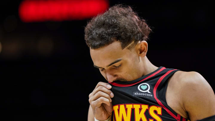 Apr 7, 2023; Atlanta, Georgia, USA; Atlanta Hawks guard Trae Young (11) shown just before opening tip off against the Philadelphia 76ers at State Farm Arena. Mandatory Credit: Dale Zanine-USA TODAY Sports