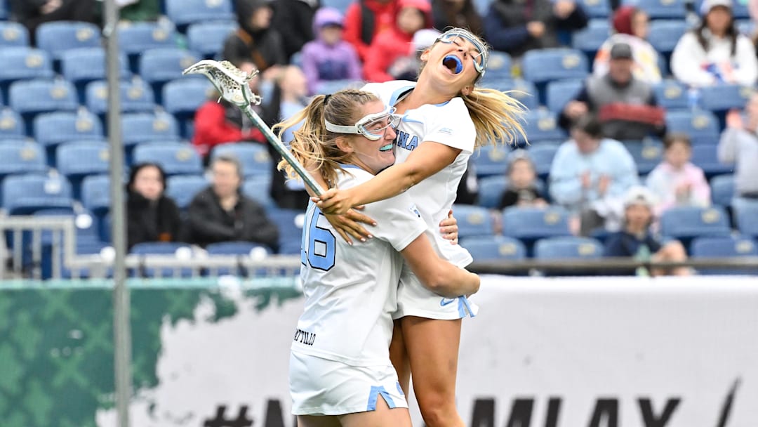 May 23, 2025; Foxborough, MA, USA; North Carolina attacker Addison Pattillo (16) celebrates her goal against Florida with attacker Chloe Humphrey (2) during the first half at Gillette Stadium. Mandatory Credit: Eric Canha-Imagn Images


