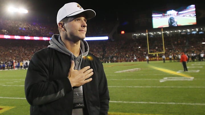 Former Iowa State and San Francisco 49ers quarterback Brock Purdy waves to the crowd as introduced during Iowa State and Kansas football at Jack Trice Stadium on Saturday, Nov. 4, 2023, in Ames, Iowa.