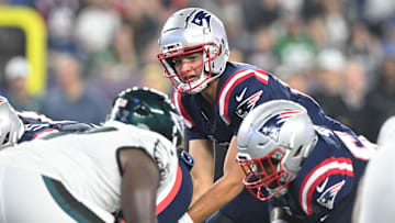 Aug 15, 2024; Foxborough, Massachusetts, USA; New England Patriots quarterback Drake Maye (10) waits for a snap against the Philadelphia Eagles zduring the first half at Gillette Stadium. Mandatory Credit: Brian Fluharty-Imagn Images