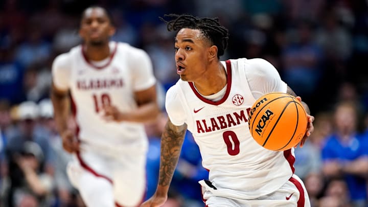 Alabama guard Labaron Philon (0) runs the ball up the court against Kentucky during the second half of a Southeastern Conference tournament quarterfinal game at Bridgestone Arena in Nashville, Tenn., Friday, March 14, 2025.