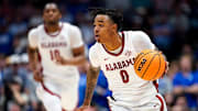 Alabama guard Labaron Philon (0) runs the ball up the court against Kentucky during the second half of a Southeastern Conference tournament quarterfinal game at Bridgestone Arena in Nashville, Tenn., Friday, March 14, 2025.