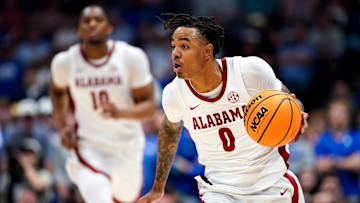 Alabama guard Labaron Philon (0) runs the ball up the court against Kentucky during the second half of a Southeastern Conference tournament quarterfinal game at Bridgestone Arena in Nashville, Tenn., Friday, March 14, 2025.