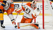 Mar 20, 2025; Nashville, Tennessee, USA;  Anaheim Ducks goaltender John Gibson (36) makes a glove save against the Nashville Predators during the third period at Bridgestone Arena. Mandatory Credit: Steve Roberts-Imagn Images