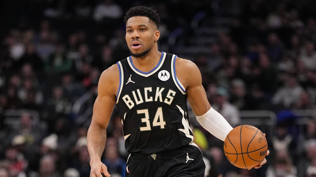 Jan 23, 2026; Milwaukee, Wisconsin, USA;  Milwaukee Bucks forward Giannis Antetokounmpo (34) during the game against the Denver Nuggets at Fiserv Forum. Mandatory Credit: Jeff Hanisch-Imagn Images