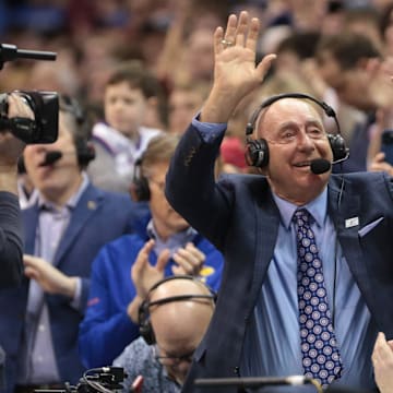 Dick Vitale is recognized before an ESPN broadcast at Allen Fieldhouse.