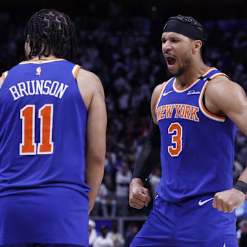 May 1, 2025; Detroit, Michigan, USA; New York Knicks guard Jalen Brunson (11) and guard Josh Hart (3) celebrate after defeating the Detroit Pistons during game six of first round for the 2024 NBA Playoffs at Little Caesars Arena. Mandatory Credit: Rick Osentoski-Imagn Images