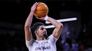 Nov 16, 2025; Cincinnati, Ohio, USA; Cincinnati Bearcats guard Shon Abaev (10) shoots a free throw in the first half against the Mount St. Mary's Mountaineers at Fifth Third Arena.