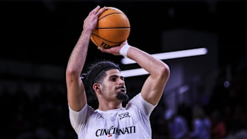 Nov 16, 2025; Cincinnati, Ohio, USA; Cincinnati Bearcats guard Shon Abaev (10) shoots a free throw in the first half against the Mount St. Mary's Mountaineers at Fifth Third Arena.