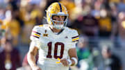 Oct 18, 2025; Tempe, Arizona, USA; Arizona State Sun Devils quarterback Sam Leavitt (10) against the Texas Tech Red Raiders at Mountain America Stadium. Mandatory Credit: Mark J. Rebilas-Imagn Images