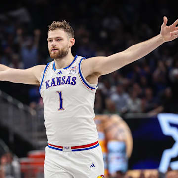Kansas Jayhawks center Hunter Dickinson reacts after a play.