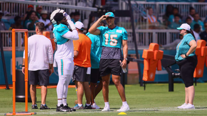 Miami Dolphins linebacker Jaelan Phillips (15) looks on during training camp at Baptist Health Training Complex.