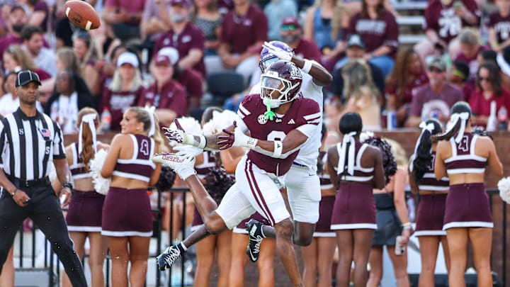 Sep 13, 2025; Starkville, Mississippi, USA; Mississippi State Bulldogs defensive back Isaac Smith (2) looks for the ball during the first half against the Alcorn State Braves at Davis Wade Stadium at Scott Field. Mandatory Credit: Wesley Hale-Imagn Images