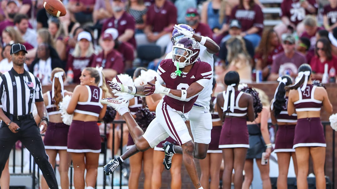 Sep 13, 2025; Starkville, Mississippi, USA; Mississippi State Bulldogs defensive back Isaac Smith (2) looks for the ball during the first half against the Alcorn State Braves at Davis Wade Stadium at Scott Field. Mandatory Credit: Wesley Hale-Imagn Images