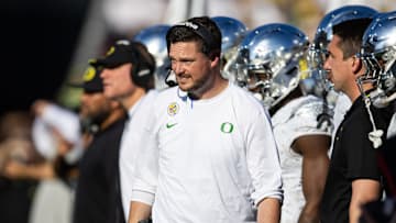 Nov 18, 2023; Tempe, Arizona, USA; Oregon Ducks head coach Dan Lanning against the Arizona State Sun Devils at Mountain America Stadium. Mandatory Credit: Mark J. Rebilas-Imagn Images