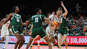 Nov 3, 2025; Coral Gables, Florida, USA; Miami Hurricanes forward Malik Reneau (5) drives to the basket against Jacksonville Dolphins guard Chris Lockett (11) during the first half at Watsco Center. Mandatory Credit: Sam Navarro-Imagn Images