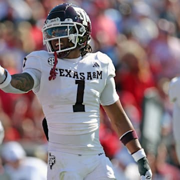 Nov 4, 2023; Oxford, Mississippi, USA; Texas A&M Aggies defensive back Bryce Anderson (1) react toward the Mississippi Rebels student section during the second half at Vaught-Hemingway Stadium. Mandatory Credit: Petre Thomas-Imagn Images