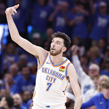 May 7, 2024; Oklahoma City, Oklahoma, USA; Oklahoma City Thunder forward Chet Holmgren (7) reacts after scoring a three-point basket against the Dallas Mavericks during the second half of game one of the second round for the 2024 NBA playoffs at Paycom Center. Mandatory Credit: Alonzo Adams-Imagn Images