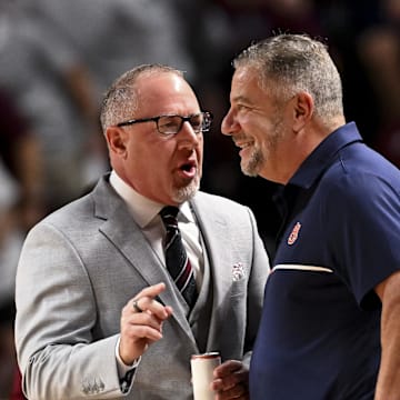 Buzz Williams and Bruce Pearl talk before No. 22 Texas A&M's 83–72 win over No. 1 Auburn on March 4, 2025.