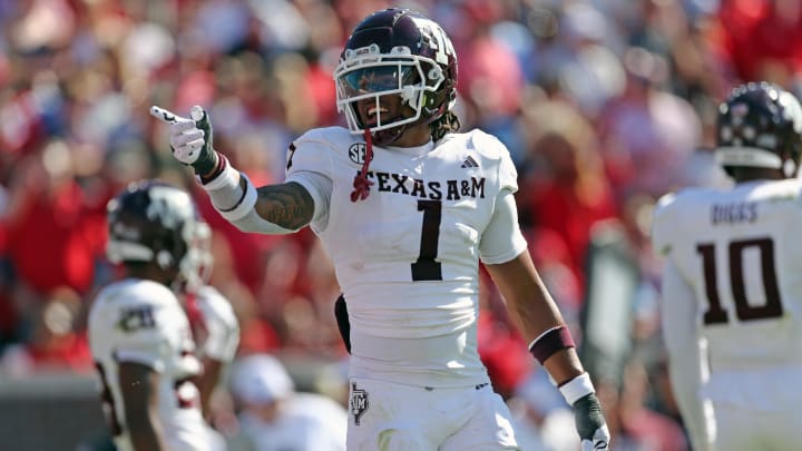 Nov 4, 2023; Oxford, Mississippi, USA; Texas A&M Aggies defensive back Bryce Anderson (1) react toward the Mississippi Rebels student section during the second half at Vaught-Hemingway Stadium. Mandatory Credit: Petre Thomas-USA TODAY Sports