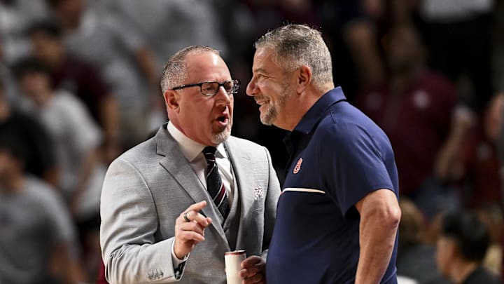 Buzz Williams and Bruce Pearl talk before No. 22 Texas A&M's 83–72 win over No. 1 Auburn on March 4, 2025.