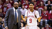 Indiana Hoosiers head coach Mike Woodson and guard Kanaan Carlyle (9)  in the second half against the South Carolina Gamecocks at Simon Skjodt Assembly Hall.