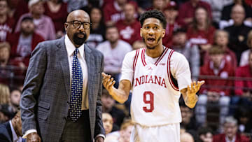 Indiana Hoosiers head coach Mike Woodson and guard Kanaan Carlyle (9)  in the second half against the South Carolina Gamecocks at Simon Skjodt Assembly Hall.