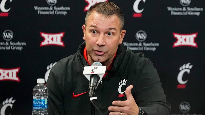 New University of Cincinnati football defensive coordinator Tyson Veidt speaks during a press conference at Fifth Third Arena in Cincinnati on Monday, Jan. 29, 2024. Veidt comes to UC from Iowa State.
