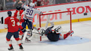 Edmonton Oilers center Leon Draisaitl scores in overtime against the Florida Panthers in game four of the 2025 Stanley Cup Final at Amerant Bank Arena. 