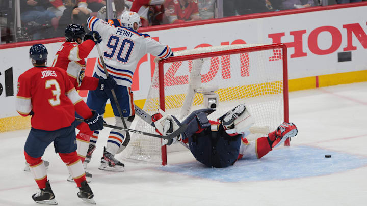 Edmonton Oilers center Leon Draisaitl scores in overtime against the Florida Panthers in game four of the 2025 Stanley Cup Final at Amerant Bank Arena. 